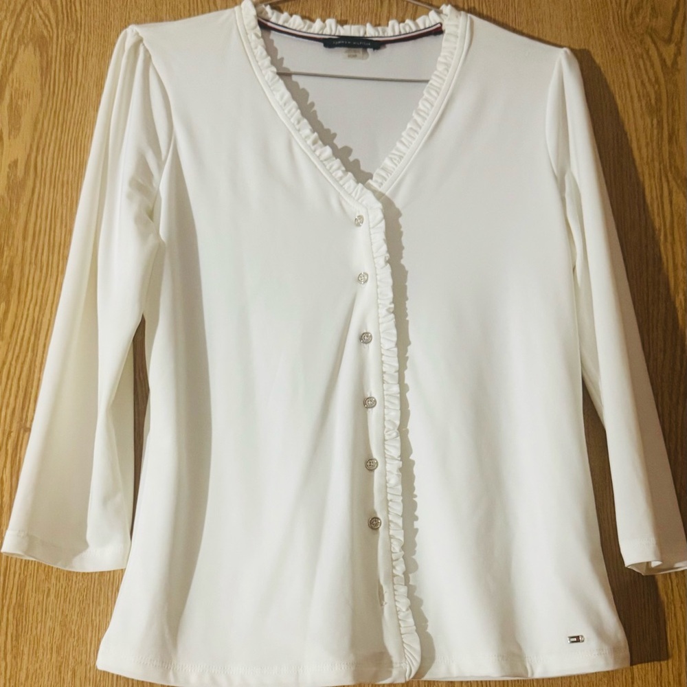Tommy Hilfiger White Ruffle Button-Down Blouse